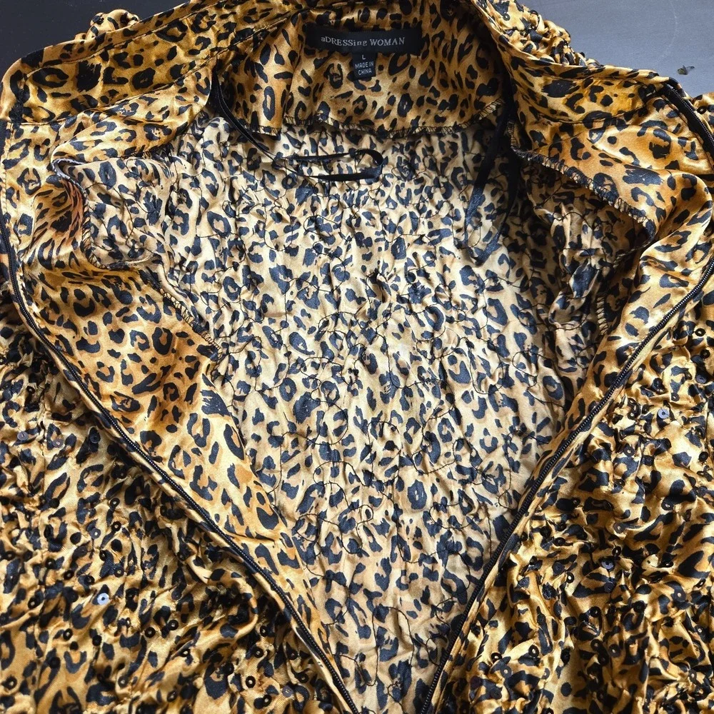 VINTAGE Adressing Woman Jacket Womens L Brown Animal Leopard Print Ruffle Y2K